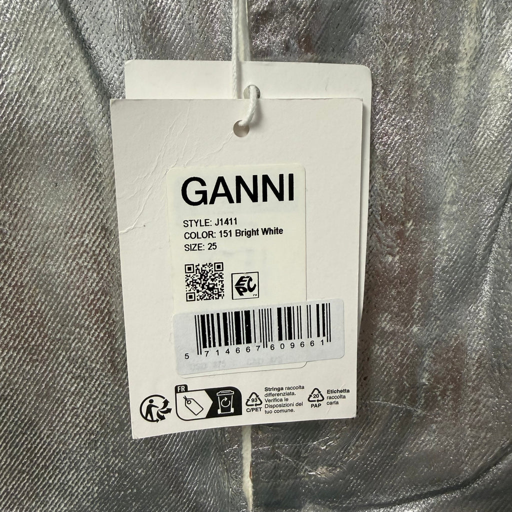 NWT Ganni Foil Denim Stary Pant Bright White Metallic Silver Size 25 Retro Party