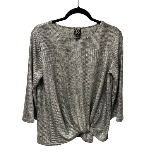 Clara Sun Woo Silver Metallic Knotted Front 3/4 Sleeve Top Womens Small