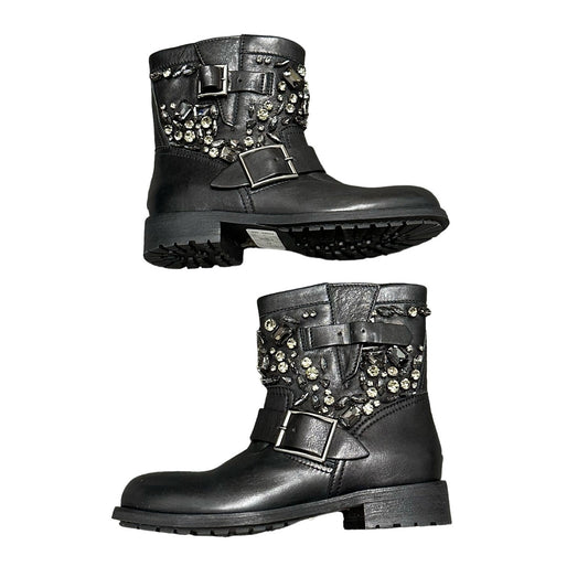 NEW Jimmy Choo Black Leather Youth Biker Boots Gunmetal Crystals 37 / US 7