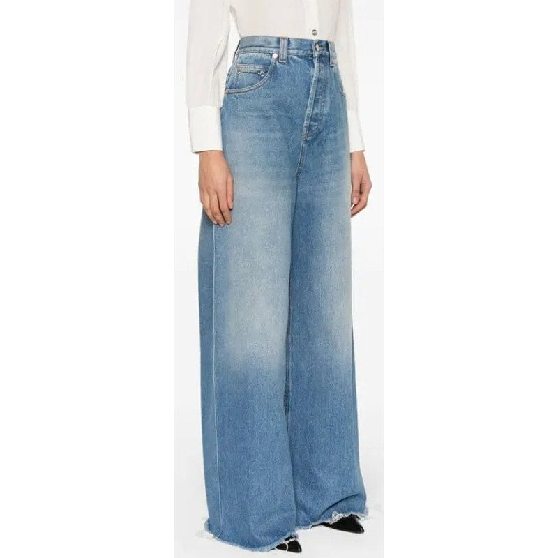 Gucci Horsebit High Rise Wide Leg Frayed Hem Jeans Light Wash Size 27 / US 6