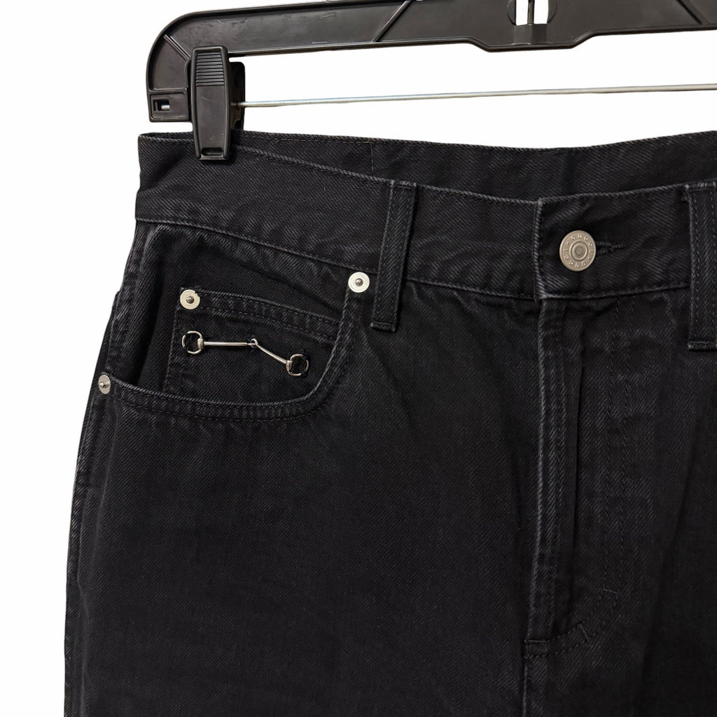 Gucci Horsebit High Rise Wide Leg Frayed Hem Jeans Black Denim Size 28 / US 8