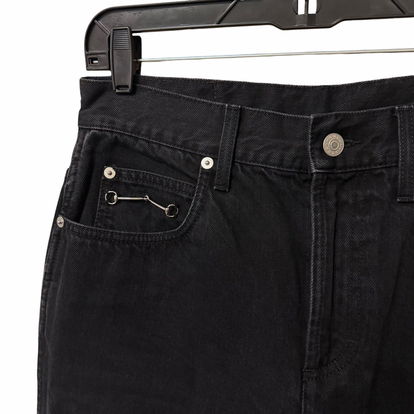 Gucci Horsebit High Rise Wide Leg Frayed Hem Jeans Black Denim Size 28 / US 8