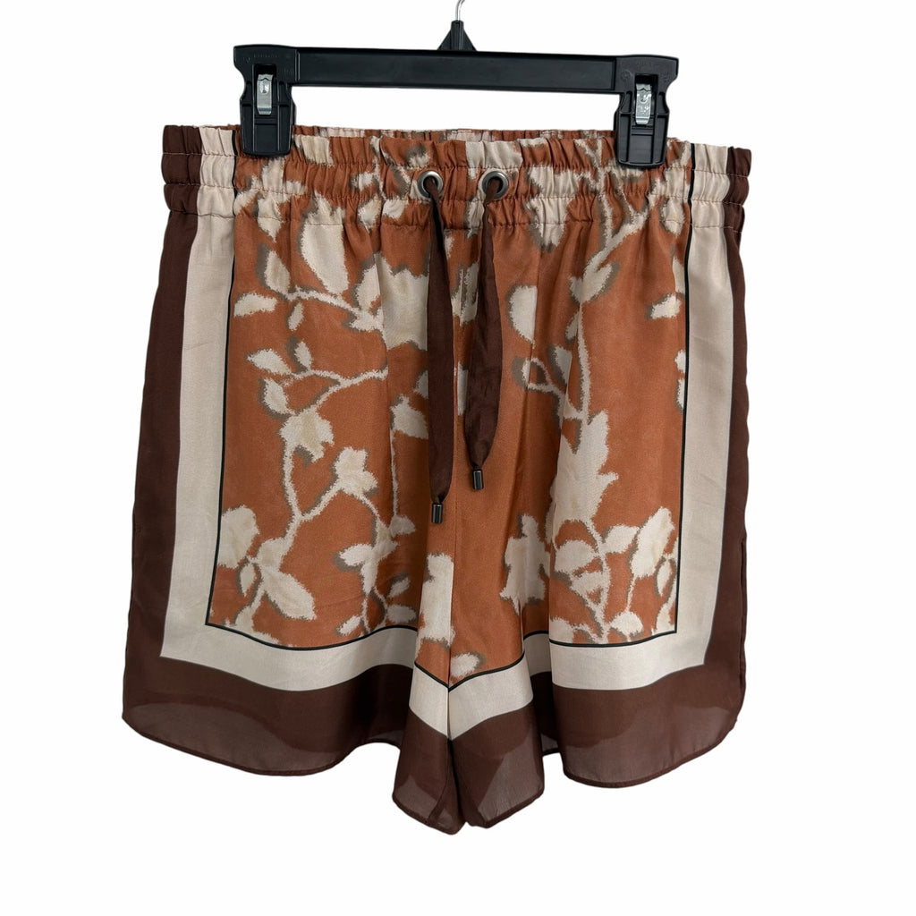 Brunello Cucinelli Silk Floral Print Drawstring Shorts Brown Orange Womens US 2