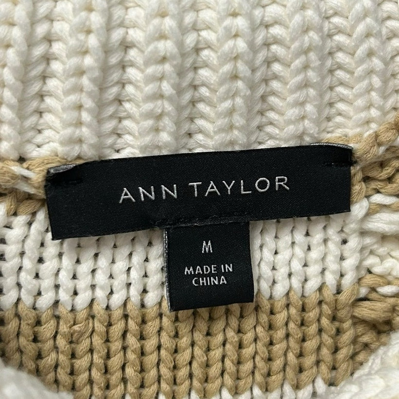 Ann Taylor Weekend Tan White Striped Cable Knit Cardigan Sweater Womens Medium