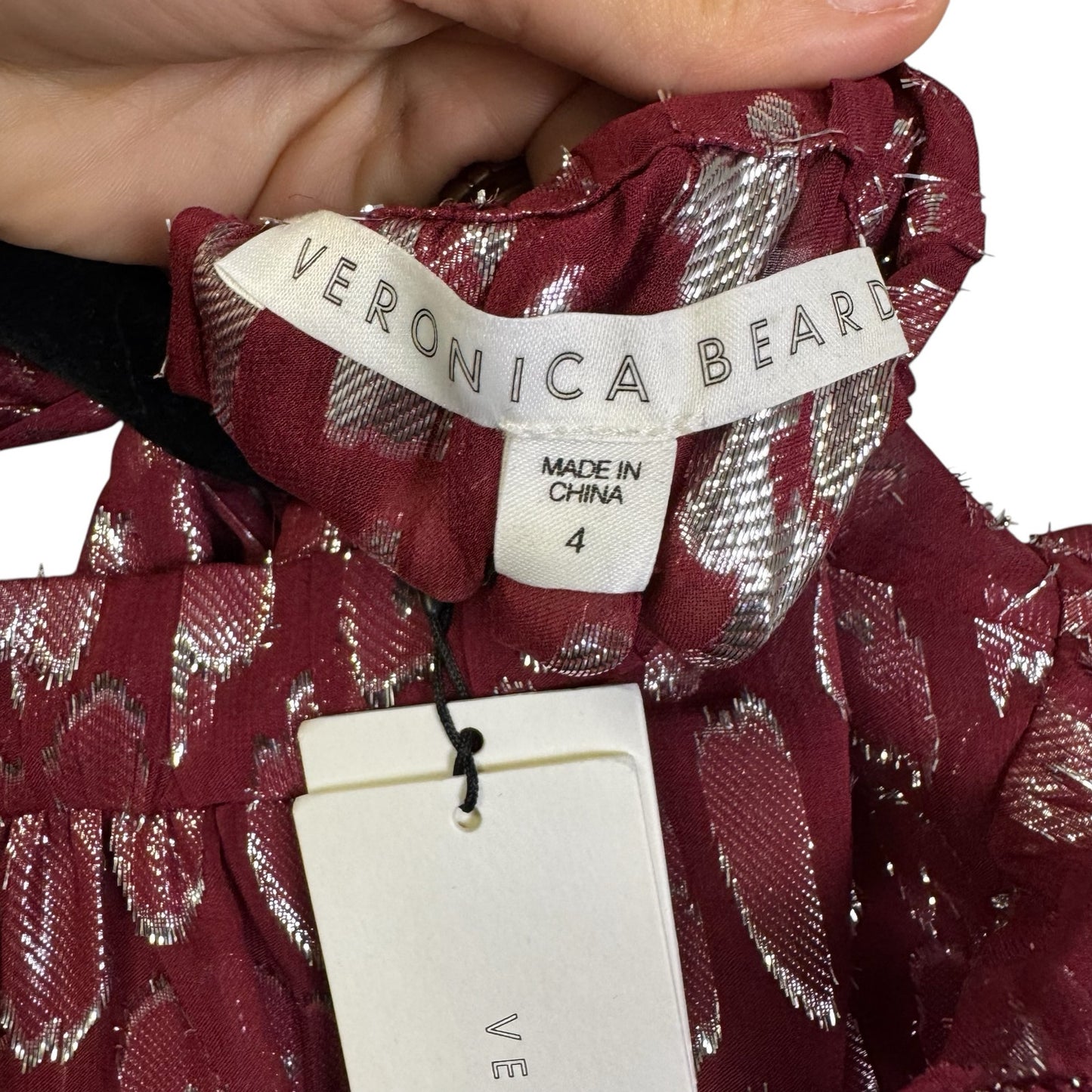 NWT Veronica Beard Red Silver Long Sleeve Mock Neck Brooks Blouse Womens 4