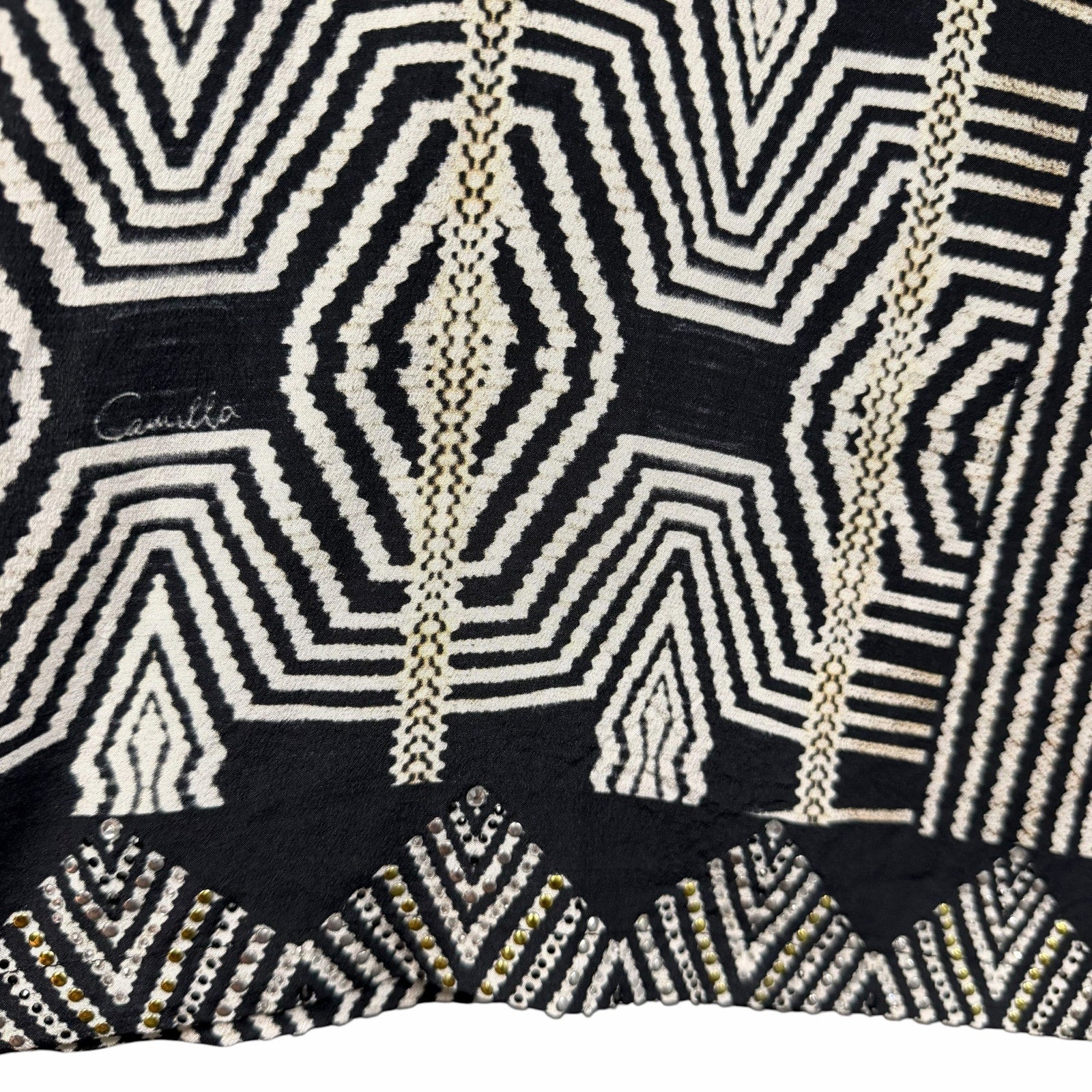 NWT Camilla Pure Silk Tuck Front Pant White Black Geo Print Embellished Small