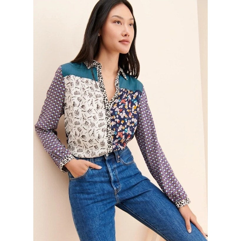 Maeve by Anthropologie Fern Mixed Print Button Up Long Sleeve Top Small Petite