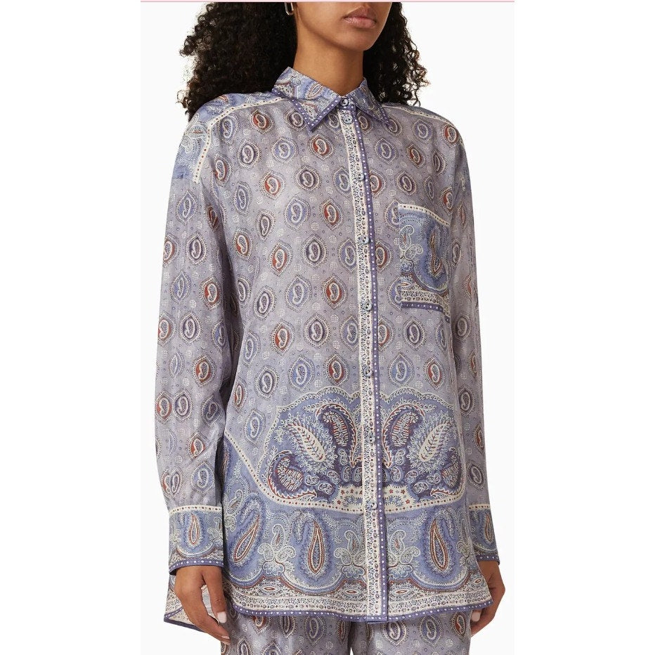 Zimmermann Vitali Relaxed Fit Blouse Button Up Blue Paisley Silk AU 2 / US 8