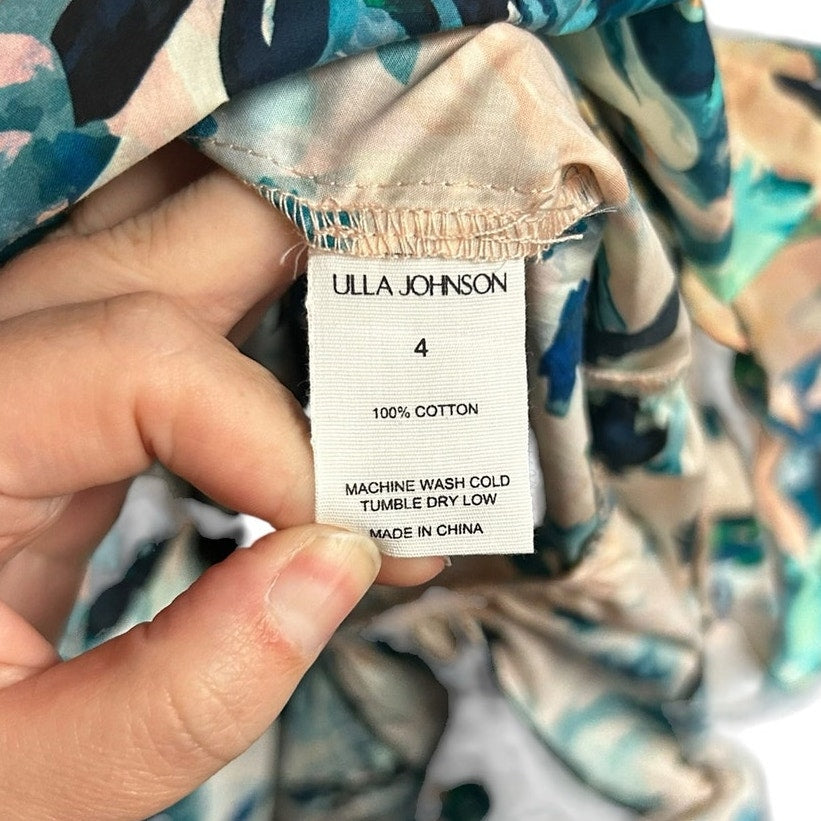 Ulla Johnson Teal Peach Delphinium Floral Print Ottilie Midi Dress Womens 4