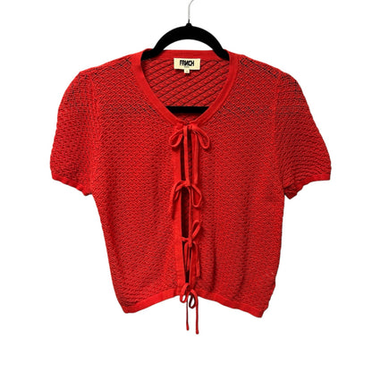 Frnch Paris Red Aelis Woven Tie Front Short Sleeve Cardigan Sweater Womens Small