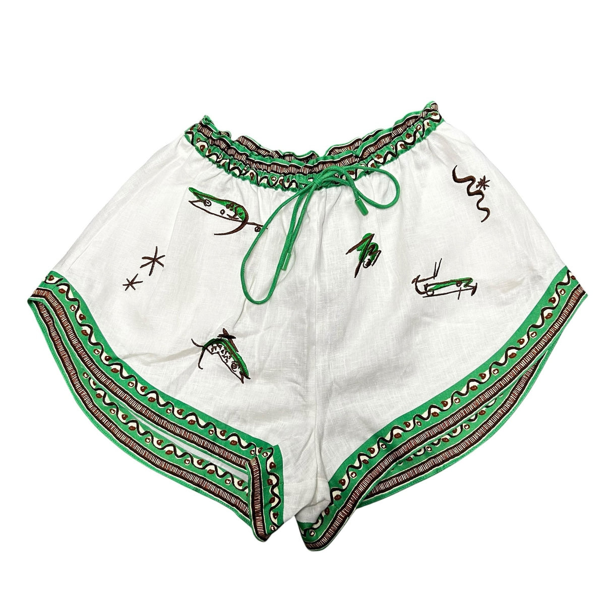 NWT Alemais Ivory Green Wanda Embroidered Drawstring Short Womens US 2