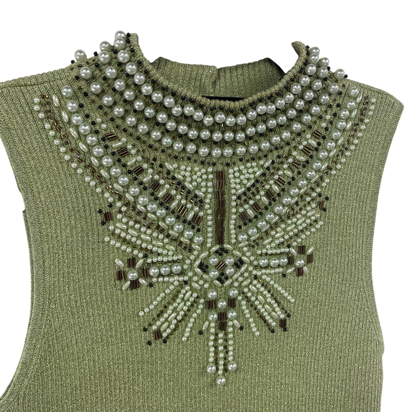 Vintage Christine Phillipe Metallic Knit Beaded Mock Neck Tank Top Green Small