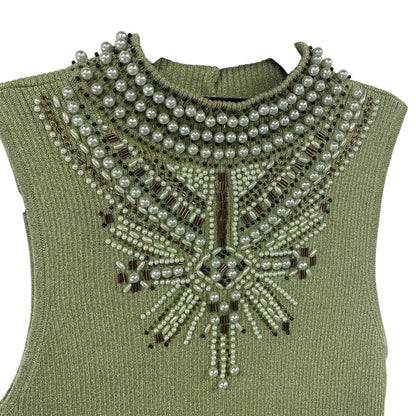 Vintage Christine Phillipe Metallic Knit Beaded Mock Neck Tank Top Green Small