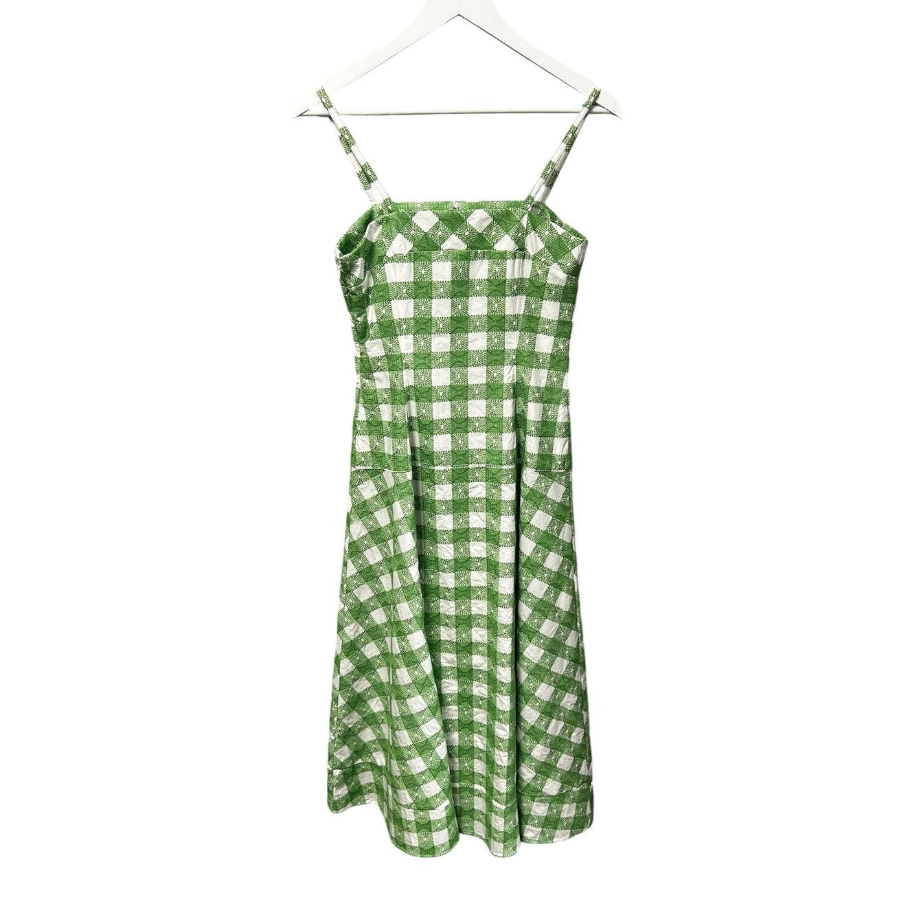 NWT Rosie Assoulin Green Picnic Embroiderd Gingham Drop Me a Note Dress Womens 2