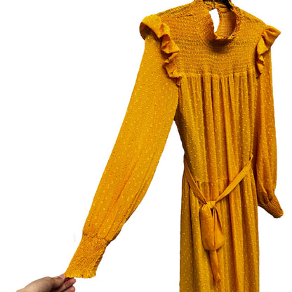 NWT English Factory Yellow Long Sleeve Swiss Dot Smocked Maxi Dress Size Small