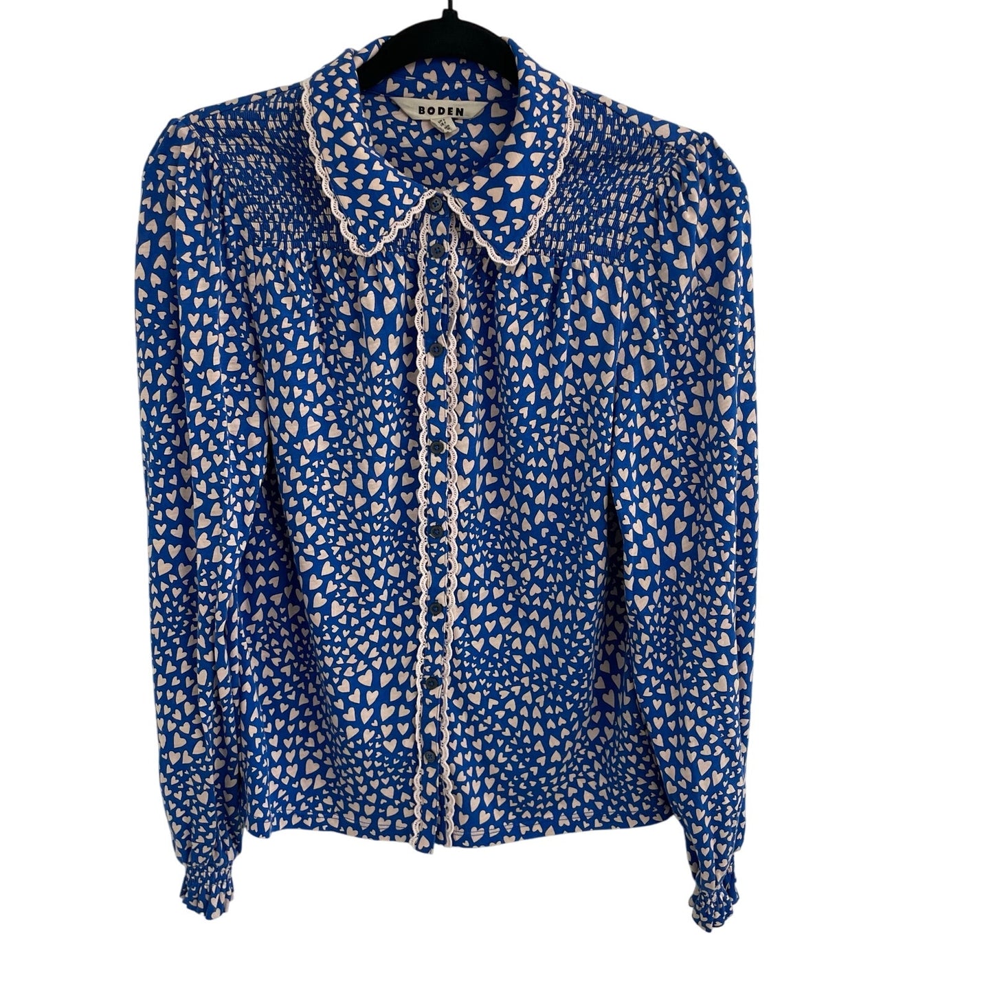 Boden Smocked Jersey Shirt Gallery Blue Heart Cluster Button Up Womens Size 2