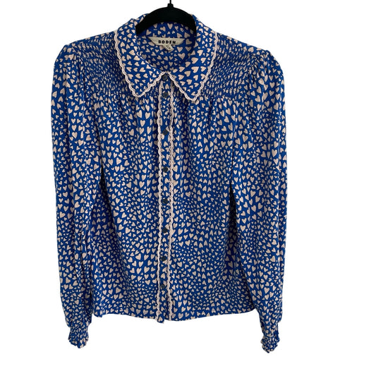 Boden Smocked Jersey Shirt Gallery Blue Heart Cluster Button Up Womens Size 2