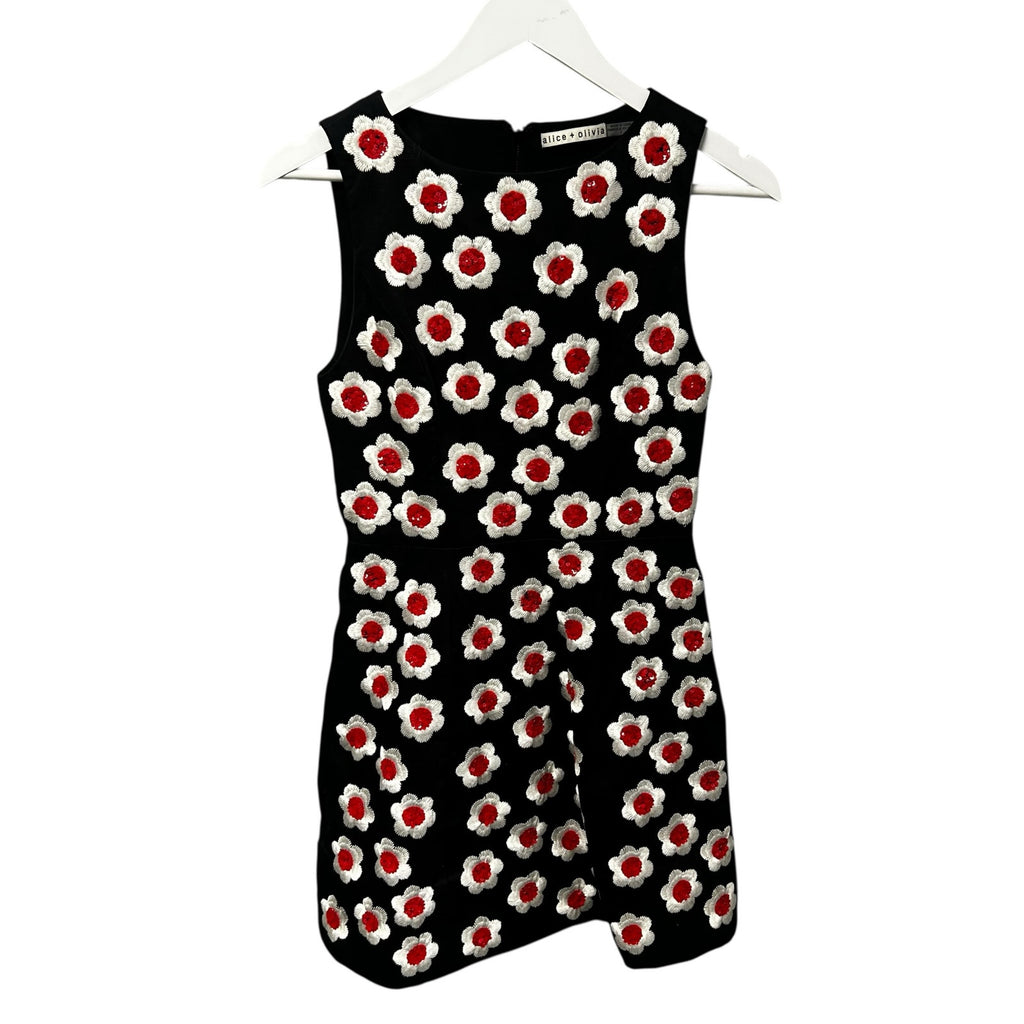 Alice + Olivia Black White Red Floral Embroidered Lindsey Mini Dress Womens 2