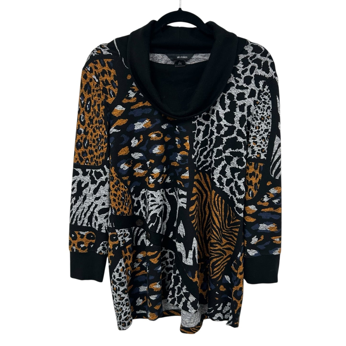 Ali Miles Gray Multicolor Mixed Animal Print Cowl Neck Sweater Womens Large