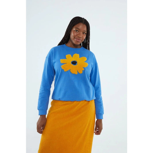 Compania Fantastica Blue Fleece Sweatshirt with Flower Graphic Womens Small