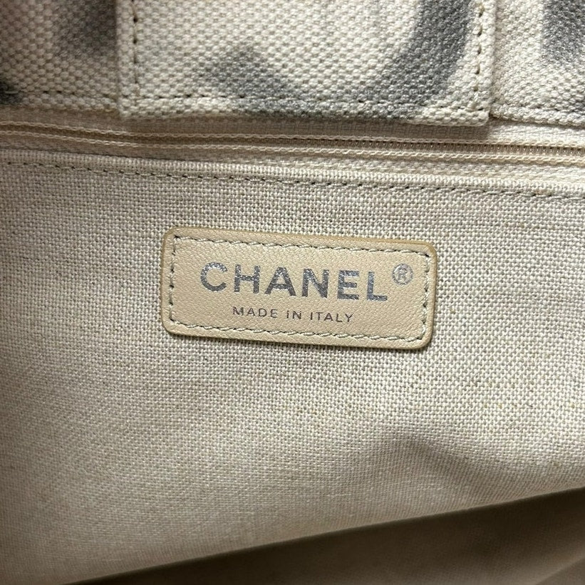 Chanel Cream Gray Canvas Iliad Chain Leather Strap Shopping Tote Bag