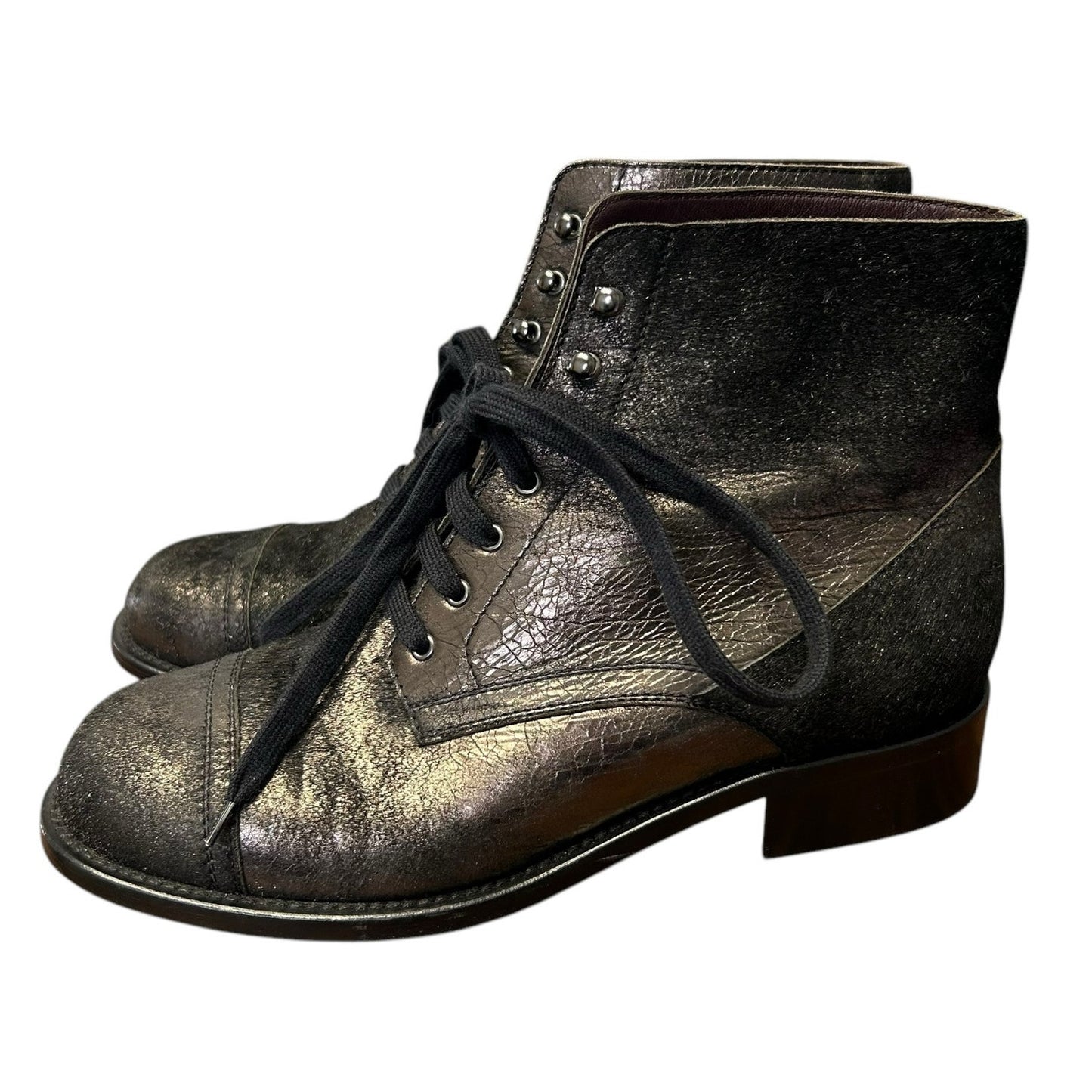 Chanel Dark Grey Metallic Lace Up Leather Short Boots Womens 39.5 / US 9.5
