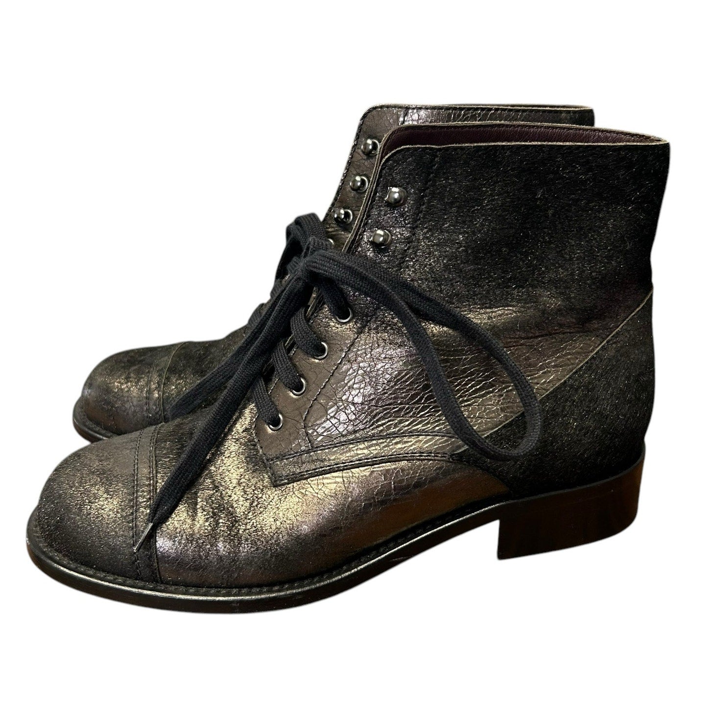 Chanel Black Gold Metallic Lace Up Leather Short Boots Size 39.5 / US 8.5