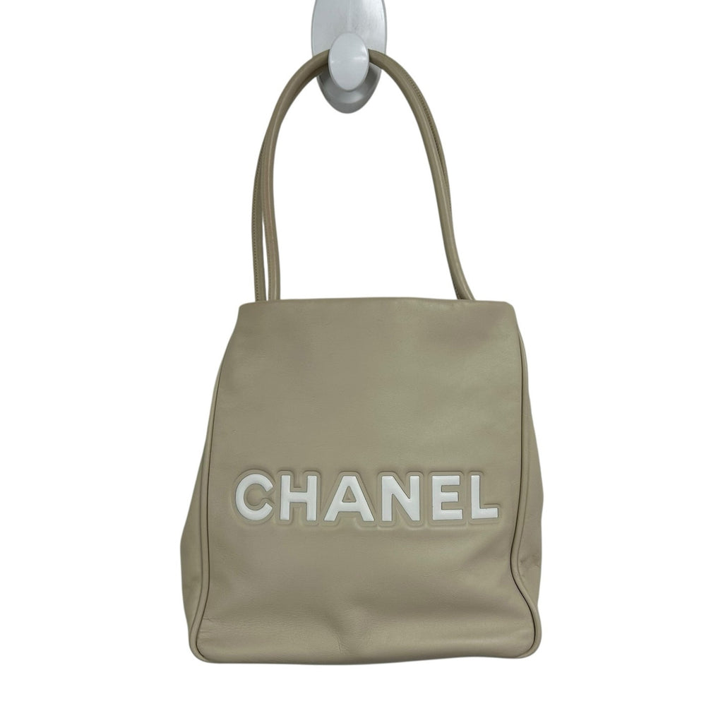 Chanel Beige Leather White Flower Camellia Double Handle Tote Shoulder Bag