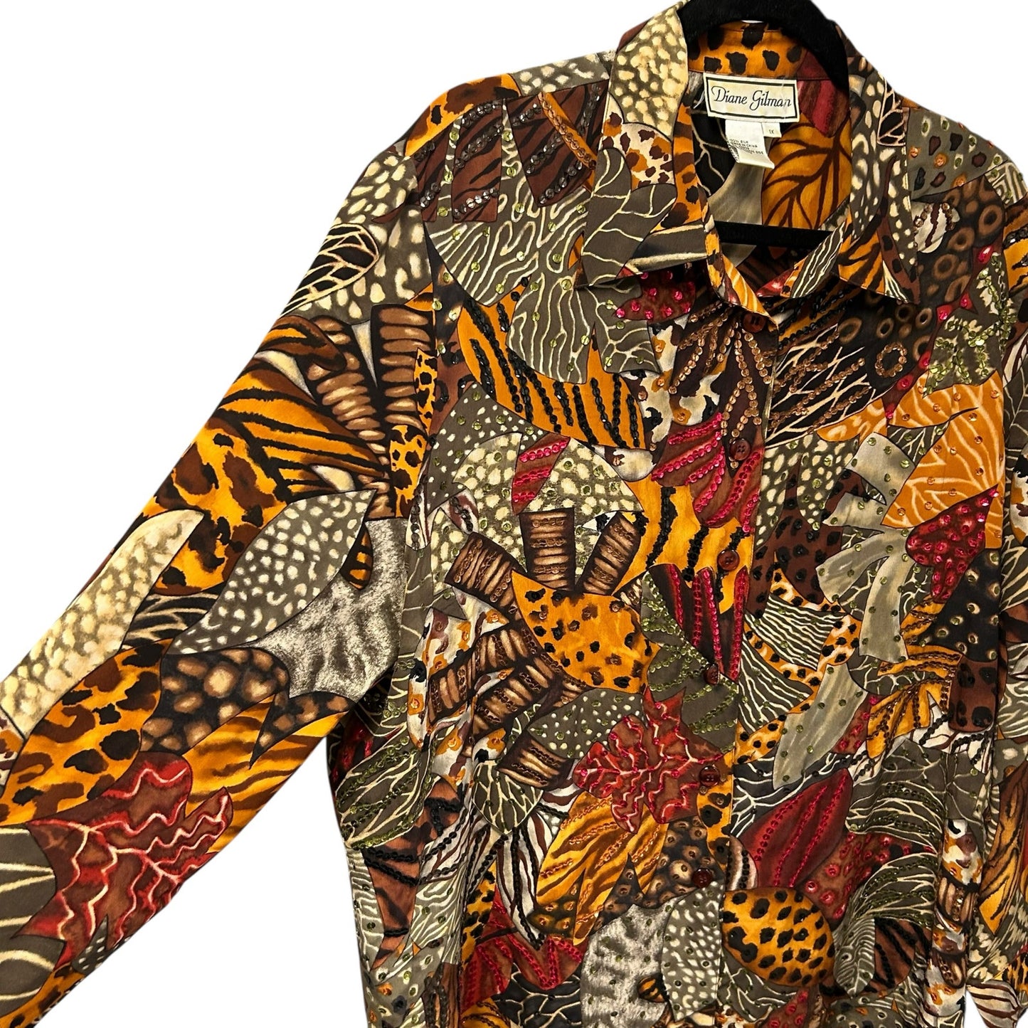 Vintage Diane Gilman 100% Silk Mixed Print Sequin Embellished Tunic Womens 1X