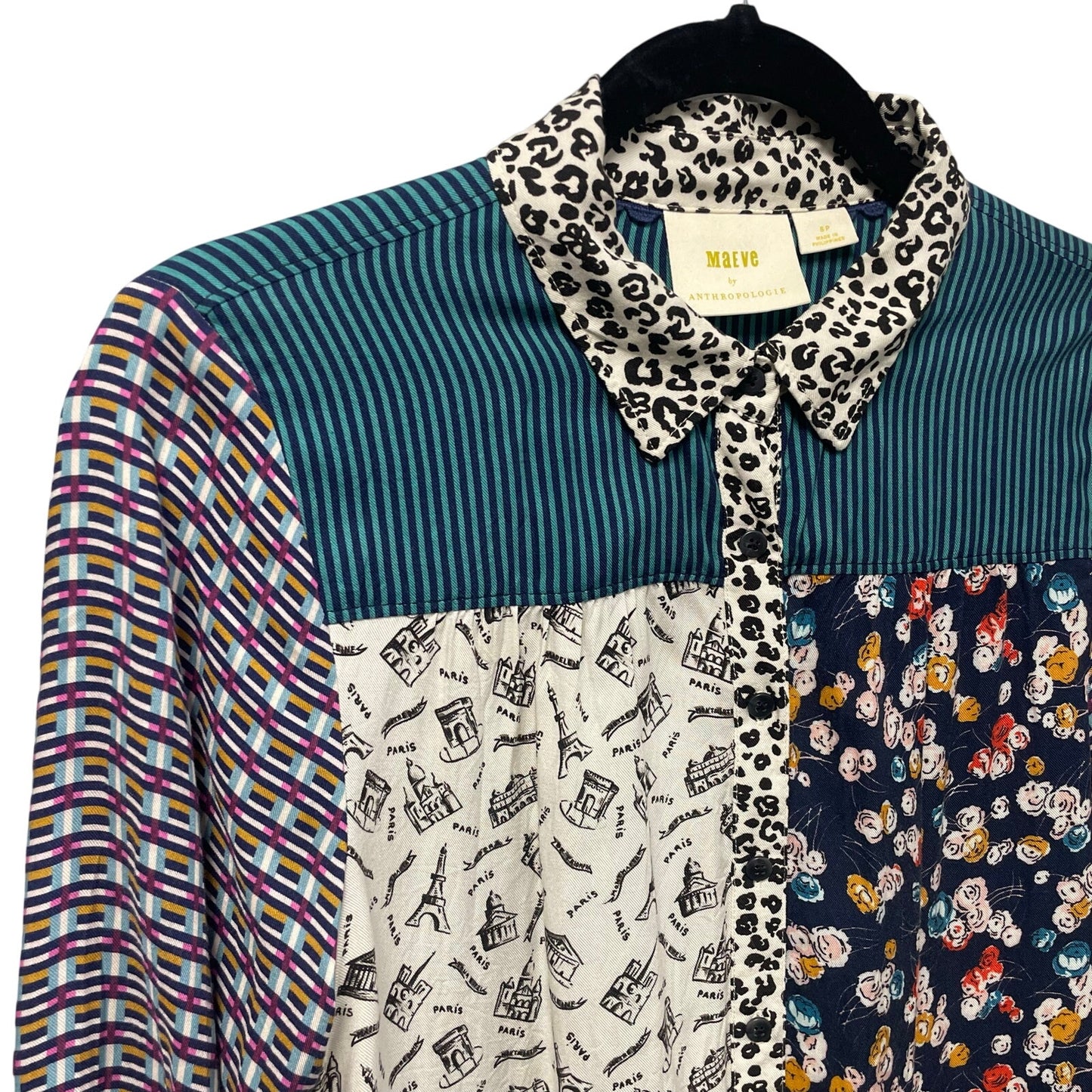 Maeve by Anthropologie Fern Mixed Print Button Up Long Sleeve Top Small Petite