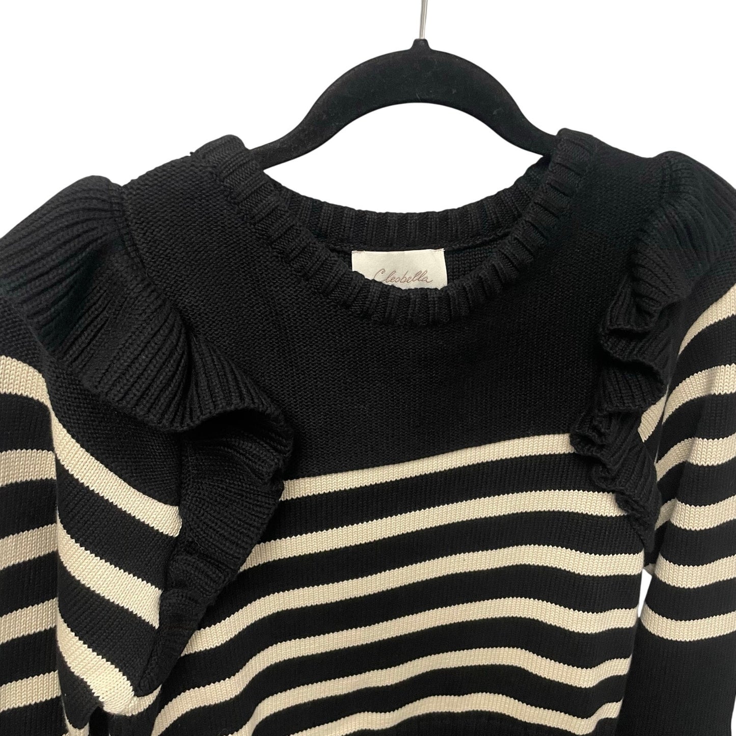 Cleobella Blair Sweater Black Cream Striped Ruffle Accent Crewneck Size Medium