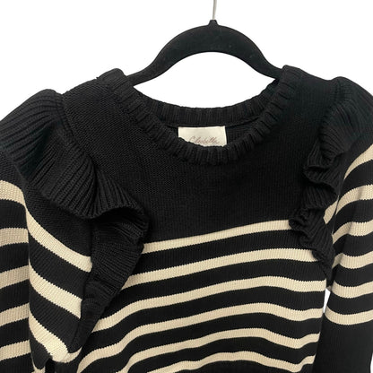 Cleobella Blair Sweater Black Cream Striped Ruffle Accent Crewneck Size Medium