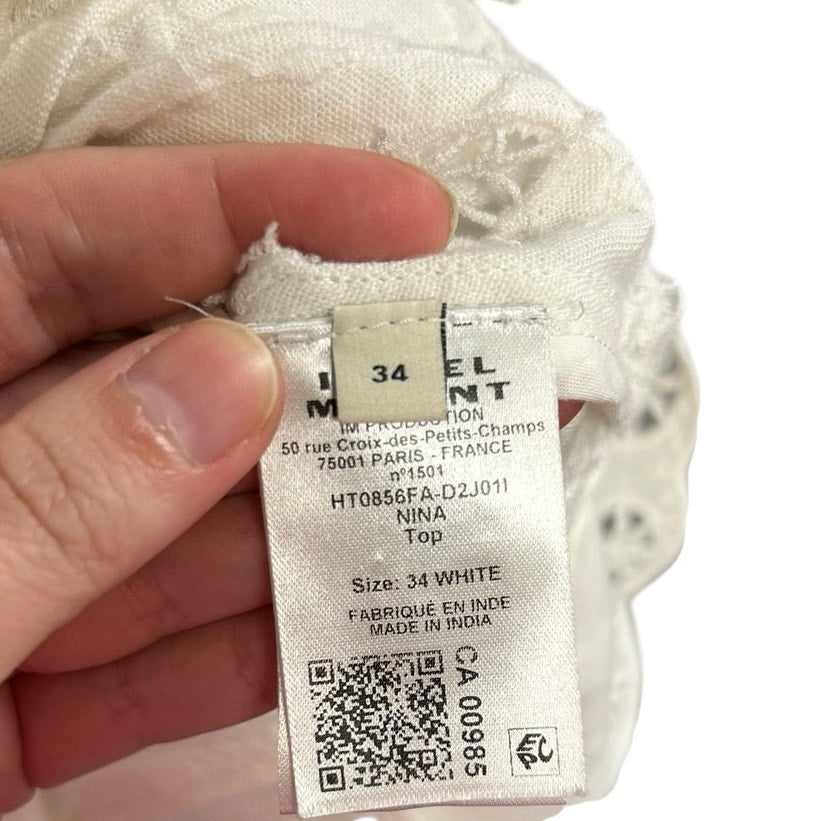 Isabel Marant White Cotton Linen Blend Broderie V Neck Nina Top Womens 34 / US 2