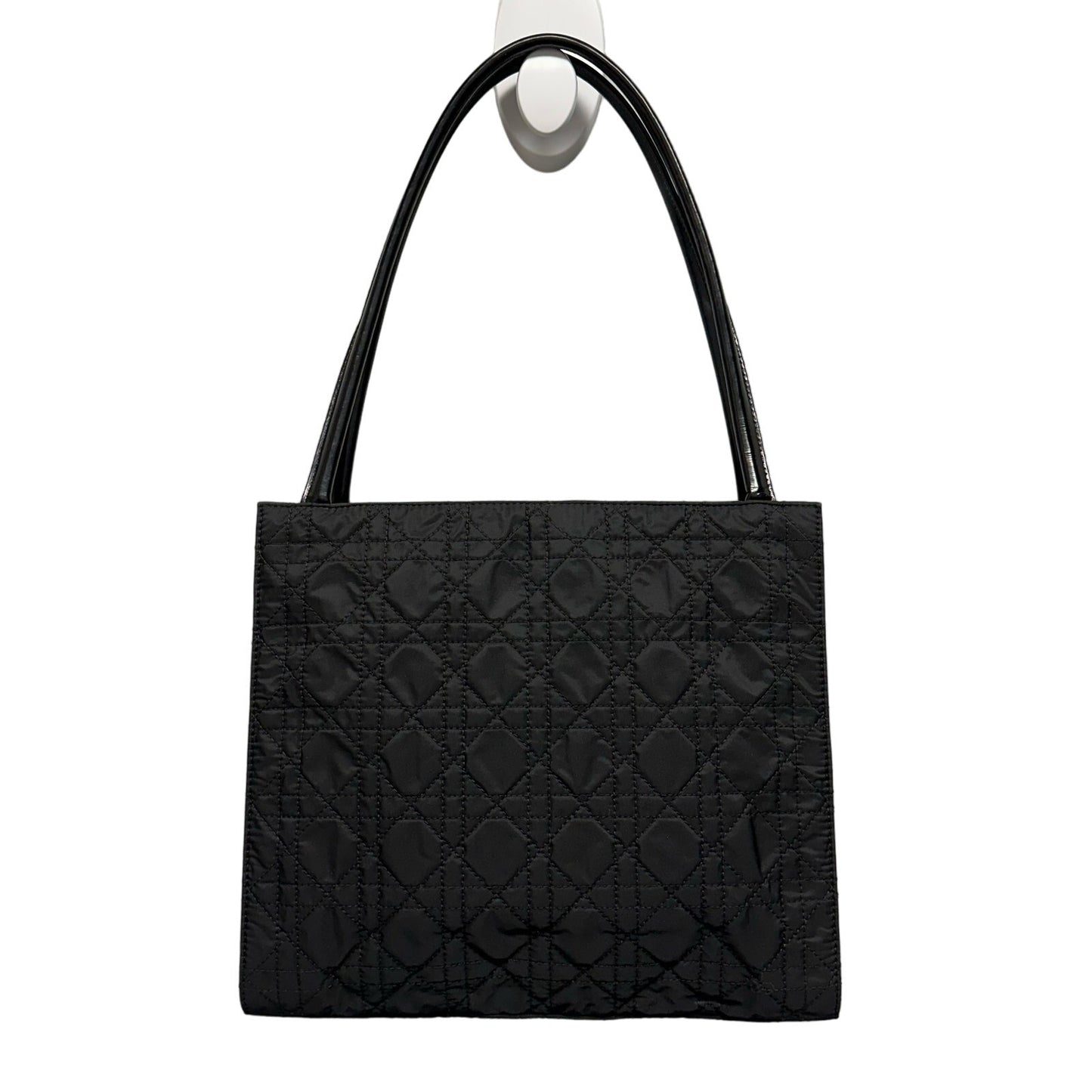 Vintage Christian Dior Cannage Double Handle Quilted Leather Trim Handbag Black