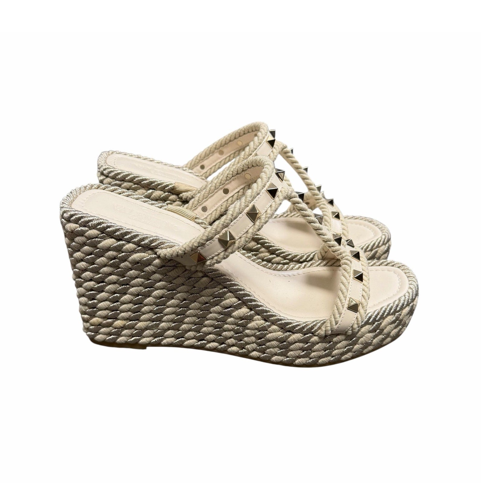 Valentino Garavani Rockstud Torchon Espadrille Caged Wedge Sandals Ivory US 9