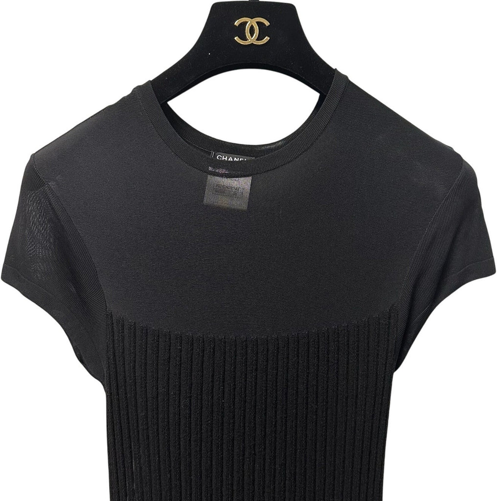 Chanel Black Wool Silk Blend Ribbed Knit Short Sleeve Maxi Dress Womens 36 / 00