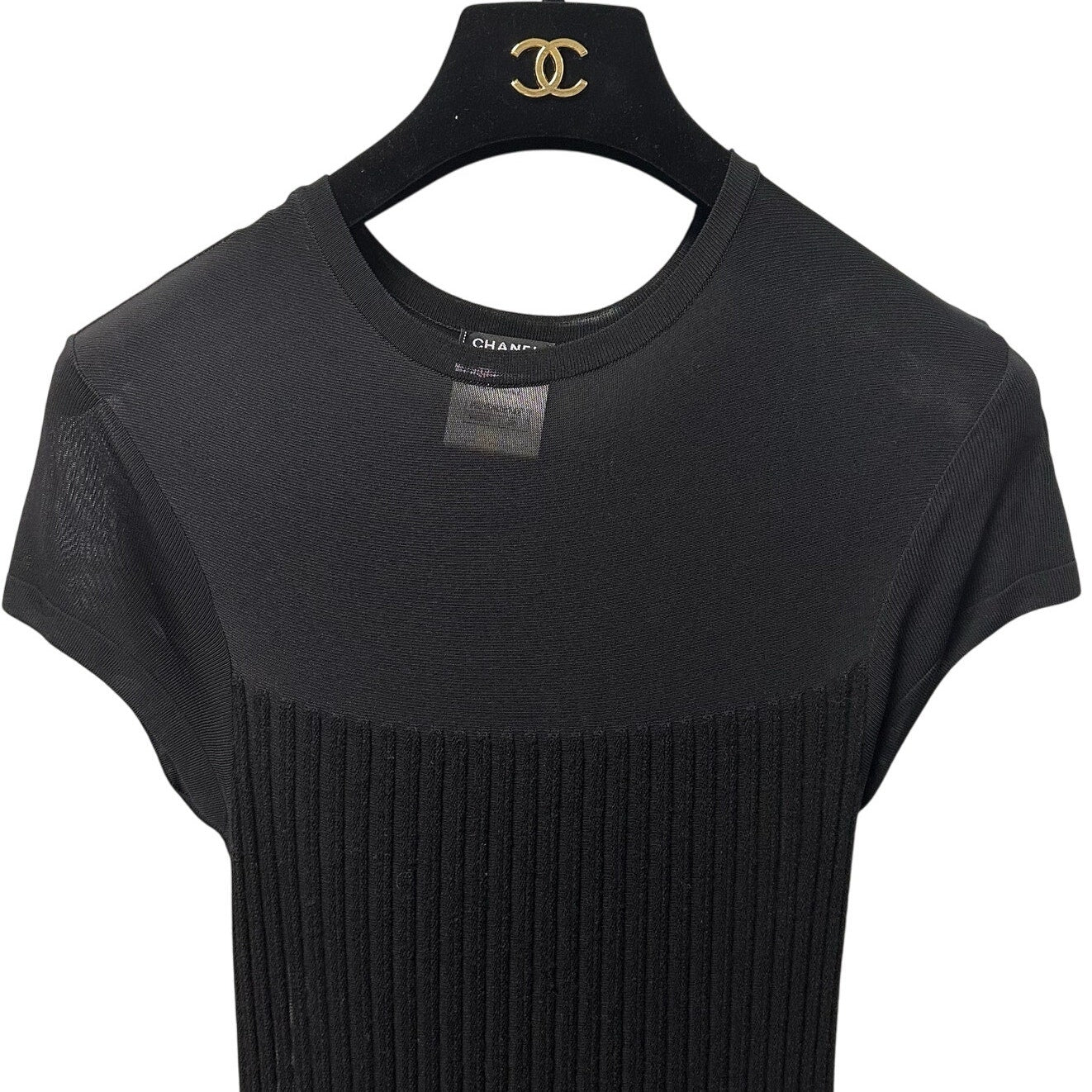 Chanel Black Wool Silk Blend Ribbed Knit Short Sleeve Maxi Dress Womens 36 / 00