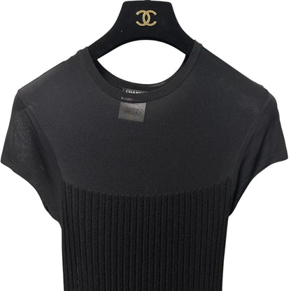 Chanel Black Wool Silk Blend Ribbed Knit Short Sleeve Maxi Dress Womens 36 / 00
