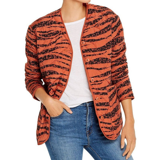 Anine Bing Elizabeth Quilted Tiger Print Shell Jacket in Brick Womens Medium