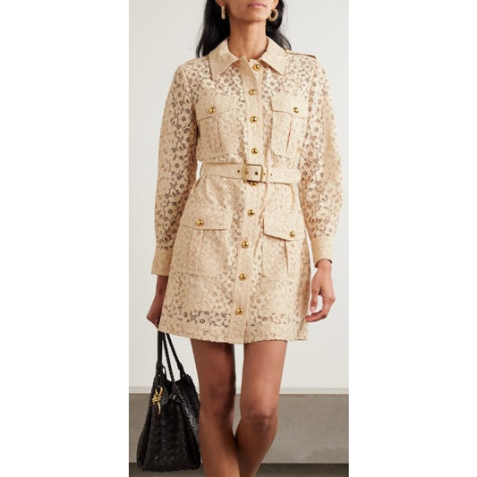 NWT Zimmermann Hypnotic Lace Belted Mini Utility Shirt Dress Cream AUS 0 / US 4