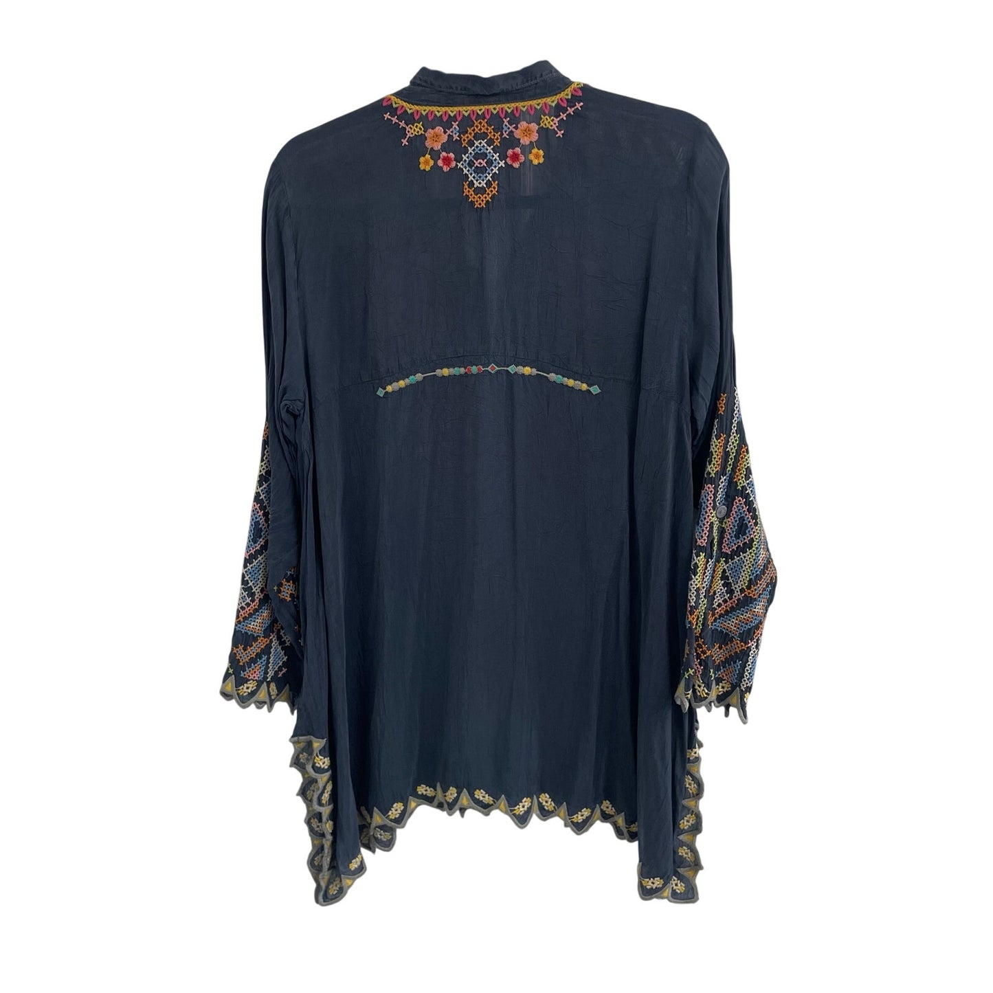 Johnny Was Festival Georgette Tunic Navy Multicolor Embroidery Womens Medium