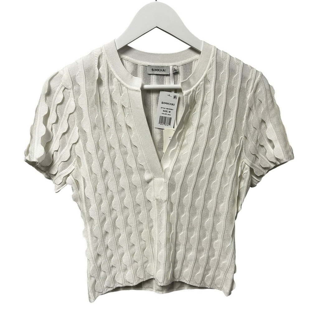 NWT Simkhai Ivory Mallorie Scalloped Knit Short Sleeve Polo Top Womens Medium