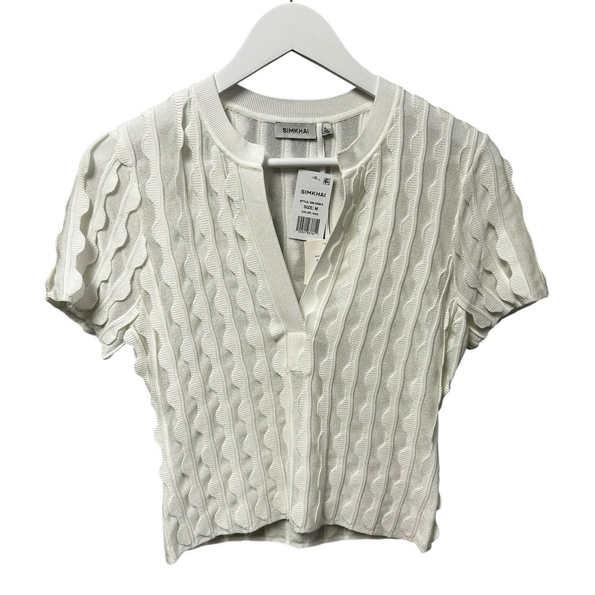 NWT Simkhai Ivory Mallorie Scalloped Knit Short Sleeve Polo Top Womens Medium