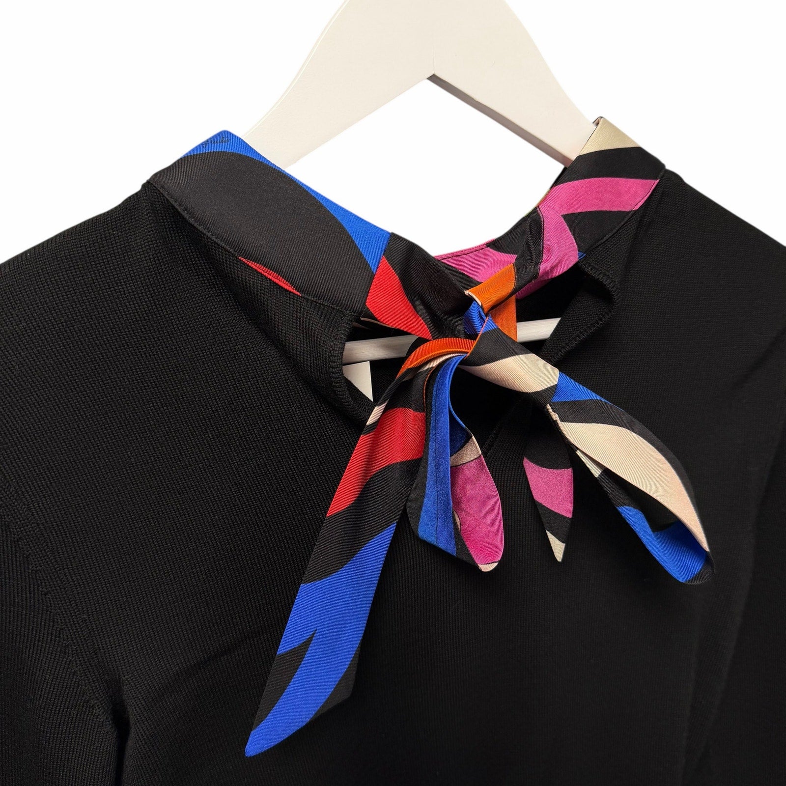 NWT Emilio Pucci Marmo Silk Collar Wool Jumper Sweater Black Tie Back Size Small