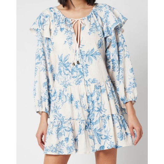 Free People Blue White Floral Tea Combo Sunbaked Swing Mini Dress Womens Medium
