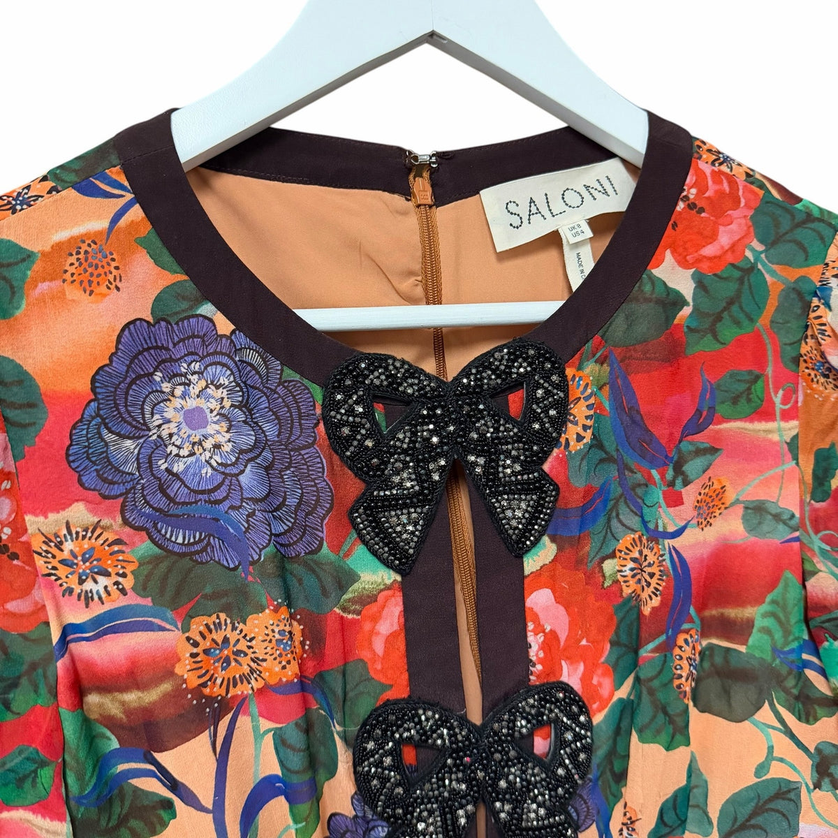 Saloni Jamie Short Dress Multi Dianthus Floral Black Bows Size 4 Romantic Fem