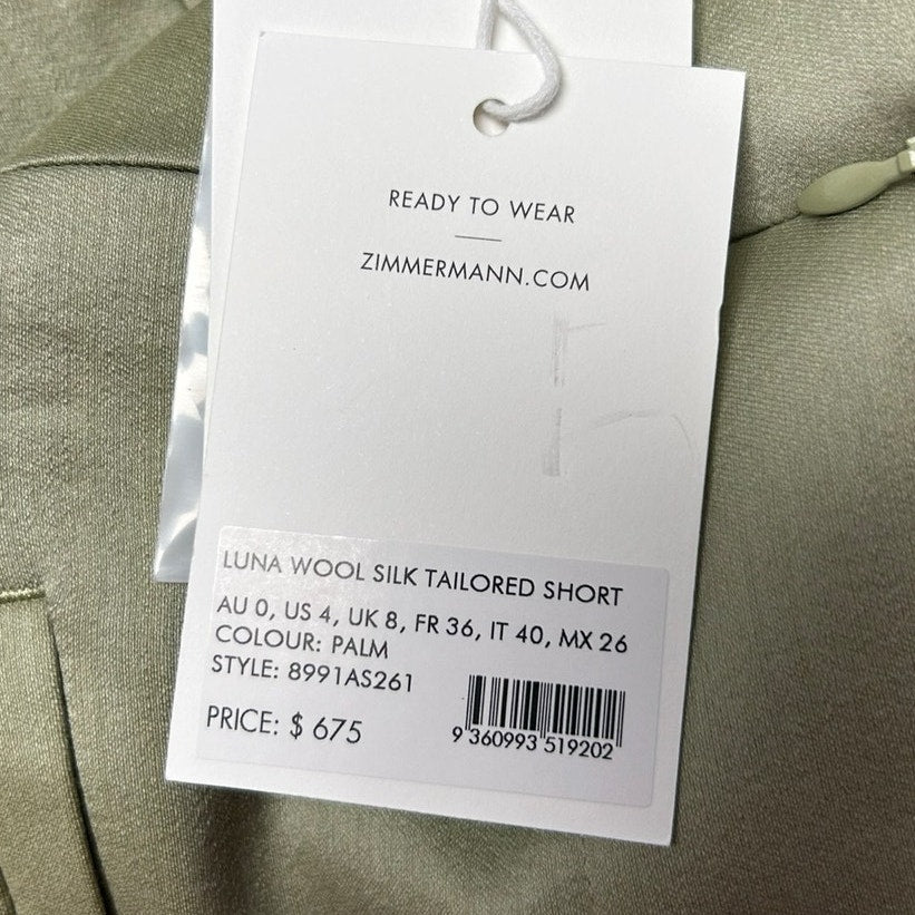 NWT Zimmermann Palm Green Luna Wool Silk Tailored Flare Hem Short Womens US 4