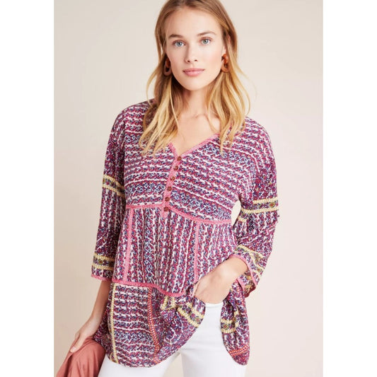 Maeve by Anthropologie Lilyana Tiered Silk 3/4 Sleeve Tunic Blouse Womens Large
