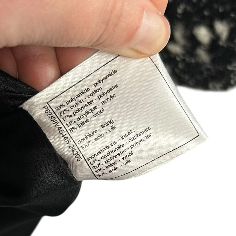 Chanel Black White Cream Trim Tweed Logo Button Front Jacket Womens 36 / US 4