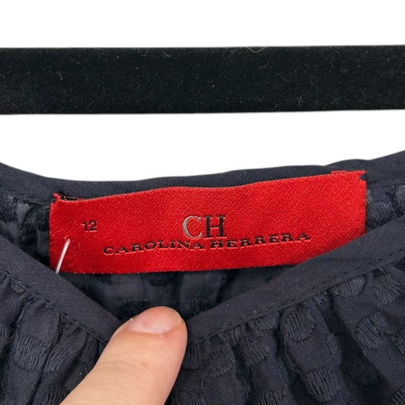 Carolina Herrera Cotton Silk Blend Navy 3/4 Sleeve Belted Blouse Womens 12